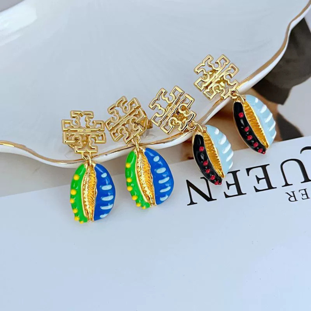 Tory Burch Enamel Inlaid Conch Pendant Earrings Metal